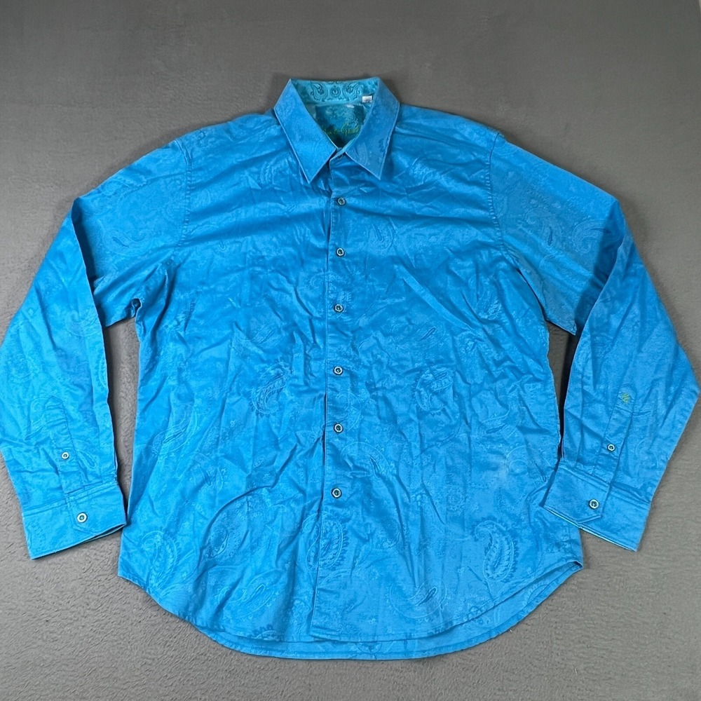 Robert Graham Mens Shirt XL Blue Jacquard Paisley Button Up Cotton Casual Preppy